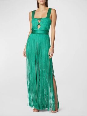Herve Leger Contour Bust Wide Strap Fringe Gown, color Cypress (green)